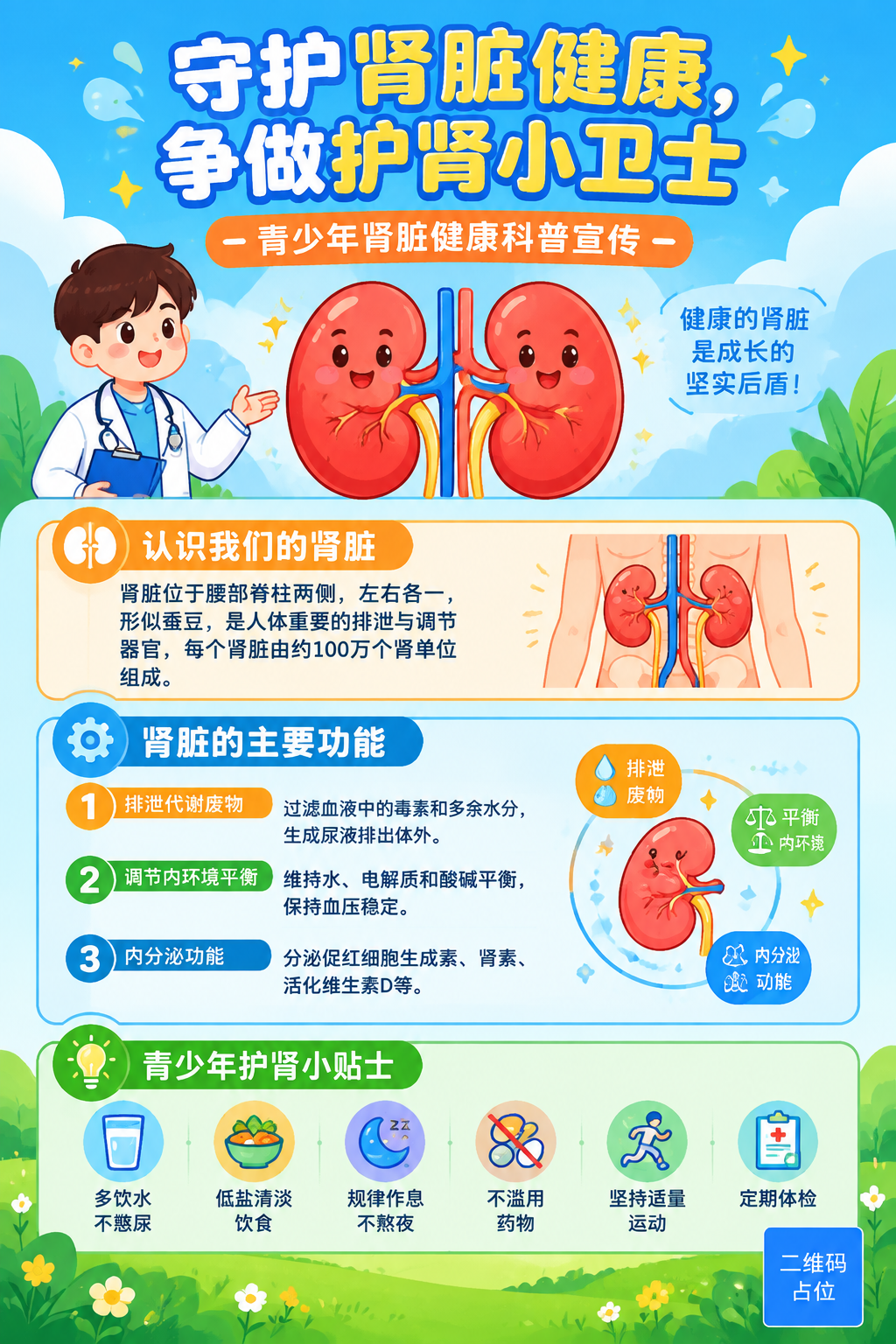 青少年肾脏健康科普宣传海报，A4纵向竖版，扁平插画风格，色彩丰… - 图片创意预览