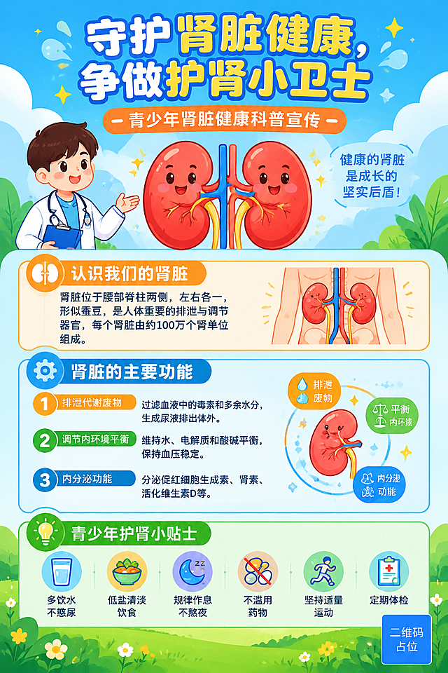 青少年肾脏健康科普宣传海报，A4纵向竖版，扁平插画风格，色彩丰富明快，以蓝色、绿色、橙色为主色调，图文比例合理，版式精美，专业科普感。画面顶部居中是大标题："守护肾脏健康，争做护肾小卫士"，字体醒目活泼。副标题："青少年肾脏健康科普宣传"。画面中央偏上位置是一对可爱卡通风格的肾脏器官插画，颜色红润有光泽，旁边有医生卡通人物做讲解手势。画面分为三个科普信息板块，每个板块有彩色圆角背景框和图标：第一个板块标题"认识我们的肾脏"，内容为：肾脏位于腰部脊柱两侧，左右各一，形似蚕豆，是人体重要的排泄与调节器官，每个肾脏由约100万个肾单位组成；第二个板块标题"肾脏的主要功能"，内容分三点：1.排泄代谢废物——过滤血液中的毒素和多余水分，生成尿液排出体外；2.调节内环境平衡——维持水、电解质和酸碱平衡，保持血压稳定；3.内分泌功能——分泌促红细胞生成素、肾素、活化维生素D等；第三个板块标题"青少年护肾小贴士"，内容为：多饮水不憋尿、低盐清淡饮食、规律作息不熬夜、不滥用药物、坚持适量运动、定期体检。底部有装饰性的绿色草地和小花朵，点缀星星和气泡元素。画面中所有信息区域必须填充完整合理的科普内容，不得出现空白框、空白占位、横线待填写区域、空列表项。所有文字清晰可读，专业性强，排版整齐有序。画面中所有二维码区域使用纯色方块占位符呈现，方块中央标注"二维码占位"文字，严禁生成任何可识别的二维码图案。