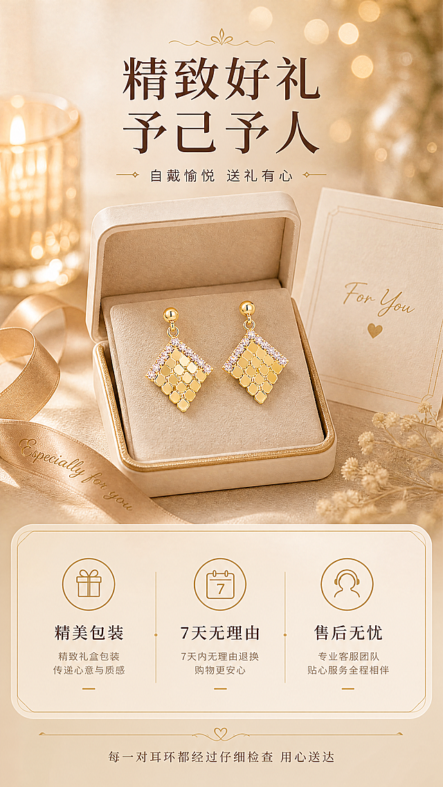 [商品] 使用【图1】模特佩戴的金色菱格纹镶钻耳环；保留耳环的菱形轮廓、菱格金属纹理、顶部圆珠耳钉、镶钻设计、金色金属光泽；耳环结构细节与原图一致。
[画面] 页面目标：礼遇收尾，建立品牌信任感，引导下单。构图：竖版9:16，上半部分为送礼场景（耳环放在精致首饰盒中，旁边有丝带、贺卡），下半部分为服务承诺信息卡。景别：上半部分中景，首饰盒与耳环为主体。前中后景：前景首饰盒与耳环，中景丝带贺卡装饰，后景暖调柔焦背景。场景：温馨送礼场景，暖烛光斑，营造仪式感。
[视觉] 套系策略：风格=法式轻奢高级商业摄影，暖调光影，温柔知性；标题字=优雅衬线体+中文宋体，粗细对比；正文字=简洁无衬线体，纤细优雅；主色=奶油米杏+复古金；背景延展=基于奶油米杏做深浅渐变、暖调烛光光斑、柔焦背景；强调色=复古金，仅用于小面积图标、引线、标签和文字高亮；标题色=深棕咖；正文色=暖棕灰；组件=圆角浅金信息卡、细金线装饰、优雅图标；光影=暖调烛光氛围光，金属耳环有温暖高光，整体氛围温馨有质感。
[文字] 上半部分主标题：精致好礼 予己予人；副标题：自戴愉悦 送礼有心。下半部分服务卡（3项）：精美包装 | 7天无理由 | 售后无忧。底部温馨提示：每一对耳环都经过仔细检查 用心送达。文字均为横排，排版优雅。
[规格] 图片比例9:16竖版，4K分辨率，负向提示：避免耳环变形、虚假承诺、文字模糊、冷蓝背景、极限词、水印、二维码、第三方平台标识。