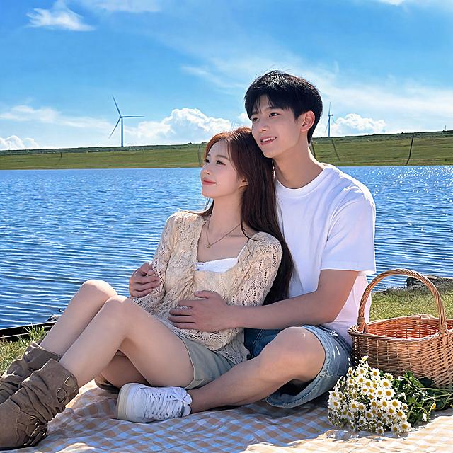 生成元气明媚春日风情侣双人合影写真（单幅画面，无拼图），保留参考图中女生的脸型、发型、年龄、五官特征，相似度99%，新增游泳运动员张展硕形象的年轻男生（帅气阳光、短发、身材健硕），两人五官高度还原，忽略参考图中的墨镜配饰。高明度暖调，色彩浓郁鲜活，明亮的阳光穿透感，侧逆光勾勒金边，广角中景带入更多环境元素，元气满满生机勃勃；女生清透奶油肌，真实皮肤纹理，白皙通透，细腻无瑕，棕色长直发随风飘动，穿米白色镂空针织开衫内搭白色吊带，卡其色短裤，咖色堆堆靴；男生清爽干净肤质，自然肤色，利落黑色短发，穿白色短袖T恤搭配浅蓝色牛仔短裤，白色运动鞋；两人坐在湖边草地上的野餐布上，男生从身后轻轻环住女生的腰，女生靠在男生怀里，两人一起看向远方湖面，脸上洋溢着幸福甜蜜的笑容，恩爱自然；背景是开阔的蓝色湖泊与绿色草坡，蓝天白云，阳光明媚，旁边放着野餐篮和鲜花，远处有白色风力发电机，水面波光粼粼；低角度仰拍，广角构图，人物居中，天空占据画面上半部分，充满春日氛围感；分辨率4k，电影级光影质感，商业人像摄影级别，画面比例1:1