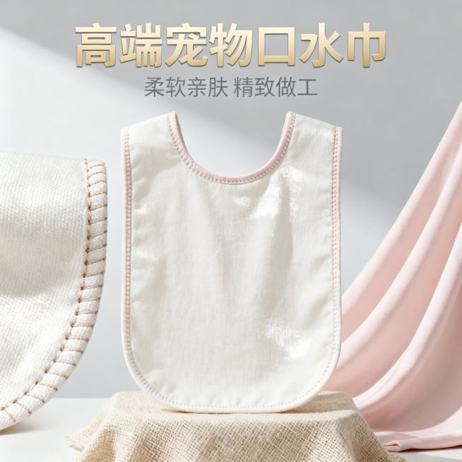 高端轻奢风格宠物口水巾淘宝产品宣传图，简约高级质感，低饱和高级配色，展示精致做工的口水巾产品细节，极简场景搭配高级光影，适合中高端宠物用品电商展示，突出柔软优质材质，产品摆放高级美观预览效果