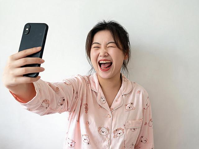 A Chinese northeastern young woman in pajamas, making an exaggerated funny big laugh while holding a smartphone for selfie, plain white wall of simple rental room background, selfie angle, vibrant high saturation, daily life sense, humorous style, digital art