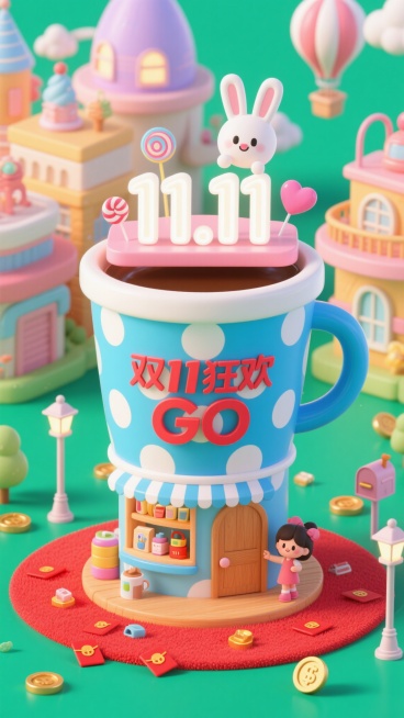 画面中央是一个巨大的以蓝色带白色圆点的巨大咖啡杯为主体的店铺，有一个白色字“11.11”的发光招牌，中间充满未来感与童话色彩，有奇特造型的建筑、热气球等元素，增添了梦幻感。中间悬浮着透视感强的日用商品预览效果