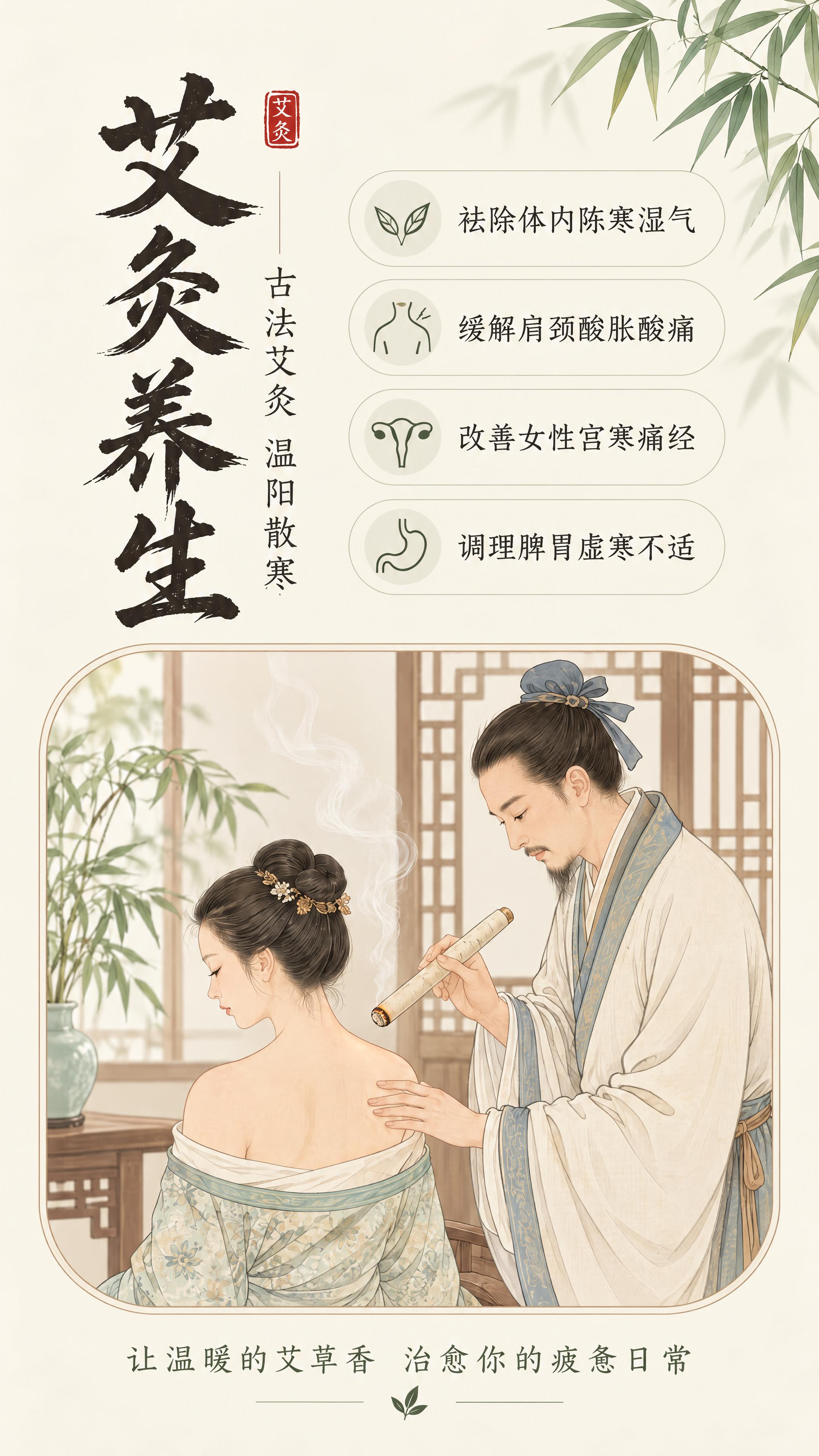 将这张艾灸养生海报改成清爽型的新中式风格，不要太沉重的古风。保… - 图片创意预览