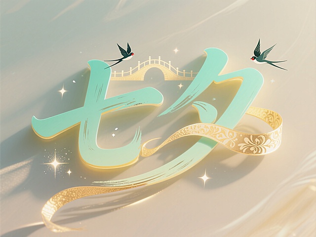 梦幻中式插画风，大字“七夕”水墨质感，金丝带环绕，双燕飞翔，浪漫节日氛围。