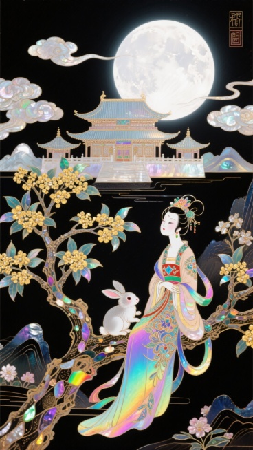 国潮，极繁主义，全景构图，近景是嫦娥抱着玉兔坐在桂花树上看月亮，中间是广寒宫，背后是圆月，画面四周祥云环绕，背景含大量中国风花卉元素和山水，迷幻，意识流，黑色背景预览效果