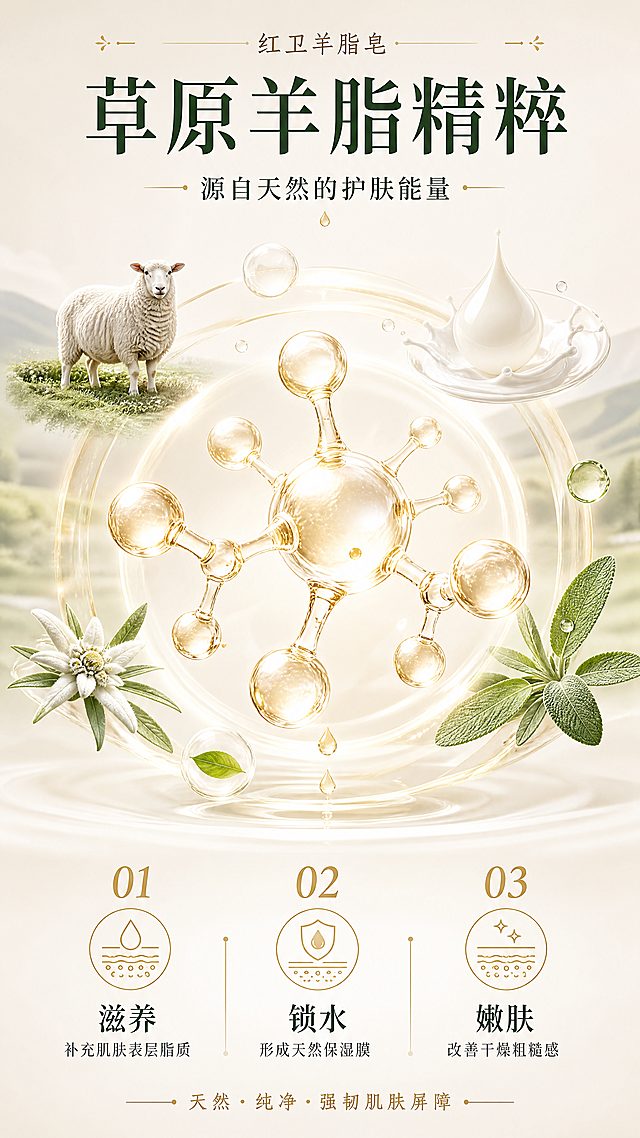 [第3屏] 详情页成分机理-红卫羊脂皂草原羊脂精粹成分解析。本屏为成分专屏，无需产品外观图。
[氛围/风格] 科研天然结合风，奶白+浅绿+金色，高级成分展示质感，分子结构可视化。
[元素布局] 画面中央为放大的羊脂分子3D结构模型，占画面约40%；分子周围环绕草原绵羊、新鲜羊奶滴、草本植物叶片等原料元素；上方为成分名称大标题区，下方为三大功效链路编号说明；整体成分相关元素占主视觉合计60%以上。
[光影质感] 中心柔光打亮分子结构，四周渐变暗角，分子有通透光泽感，原料元素自然悬浮。
[配色色系] 全局底色渐变 #F5F0E8（浅奶咖）到 #FAF8F5（奶白）；主色金色分子、深绿标题；辅助色奶白液滴、浅绿草本。
[视角构图] 居中对称构图，阅读动线顶部标题 → 中央分子主视觉 → 底部功效链路。
[文字版式] 版式为顶部大标题 + 中央分子视觉 + 底部三段式功效链路。主标题「草原羊脂精粹」，副标题「源自天然的护肤能量」；底部三段编号：①「滋养」补充肌肤表层脂质 ②「锁水」形成天然保湿膜 ③「嫩肤」改善干燥粗糙感；文字清晰，字号适中，不遮挡核心分子视觉。
[比例分辨率] 9:16 竖版比例，4K 分辨率，文字清晰可辨，高清画质。
[负向提示词] 分子结构模糊，文字错乱，水印，元素杂乱堆砌，颜色偏差，文字过小。