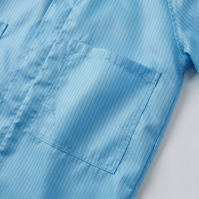 蓝色防静电工作服胸口口袋细节特写图，商业摄影质感，光线柔和通透，产品清晰真实，画面干净高级。展示胸前大口袋的压线做工和容量设计，保持原产品浅蓝色竖条纹面料特征，浅灰色极简背景，对焦清晰展示口袋版型做工预览效果