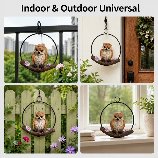 [Main Image 4] Multi-scenario adaptation display of circular hanging owl ornament. Layout uses four预览效果
