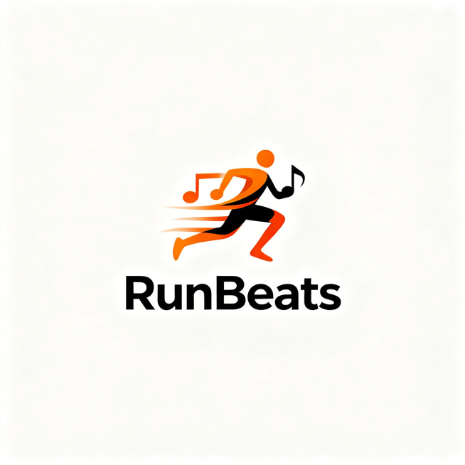 极简主义Logo设计，品牌名称“RunBeats”，结合奔跑的人形与音符符号，图形由流畅线条构成，动感橙色到黑色渐变，无背景，扁平矢量风格，可缩放，干净，专业品牌标识预览效果