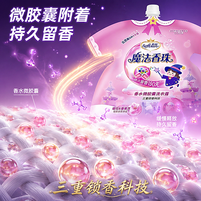 [主图-13] 衣物纤维留香微距图
[氛围风格] 微观科技感 洁净通透 粉紫调高级感 留香可视化
[画质] 商业摄影质感 超高清微距细节 纤维纹理清晰 科技感强 画面精致
[元素] 画面下半部分是放大的衣物纤维微观结构 白色的织物纤维纵横交错 纤维表面附着着许多半透明的粉色微胶囊粒子 微胶囊有金色的光泽 部分微胶囊正在缓缓释放出紫色的香氛香气分子 香气分子向上飘散 画面上半部分是柔欣魔法香珠洗衣露袋装产品的局部特写 集中在魔法香珠字样和香珠图案区域 保持产品外观物理结构材质质感颜色与输入产品图完全一致 杜绝变形色差 商品占比约30% 有一条金色的光带连接产品和微观纤维 表示微胶囊从洗衣露附着到衣物纤维上 背景为深紫到浅粉的渐变 带有科技感的微光粒子 整体画面微观科技 直观展示留香原理
[光影] 侧逆光从下方打来 照亮纤维的边缘和微胶囊的通透感 微胶囊有晶莹的高光 香气分子有自发光效果 产品局部受光均匀 文字清晰 整体光线通透有科技感 明暗层次丰富
[配色] 主色调深紫到浅粉渐变 白色纤维 粉色微胶囊 紫色香气分子 金色光带 产品粉白绿 整体科技梦幻 微观高级感
[视角构图] 上下构图 上产品局部下微观纤维 中间光带连接 视觉动线清晰 微距视角 细节丰富
[文字版式] 画面顶部大标题 微胶囊附着 持久留香 白色粗体大号字 带紫色描边 纤维区域有标注线指向微胶囊 标注 香水微胶囊 白色小字 指向香气分子 标注 缓慢释放 持久留香 白色小字 底部中间一行 三重锁香科技 金色手写体 文字清晰可读 不遮挡主体细节
[输出要求] 1:1比例 文字清晰可辨 超高清商业摄影质感
[负向提示词] 变形 文字错乱 产品图模糊 背景杂乱 水印 电商平台Logo 多余的手 多余的手指 畸形手 融合手指 手部扭曲 肢体穿模 人物面部扭曲 关节反折
