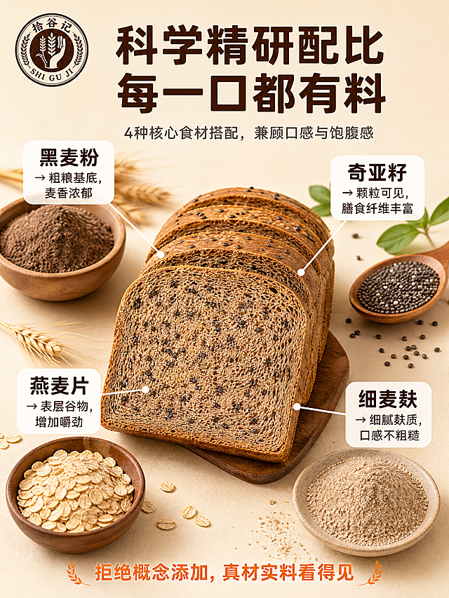 [第2张] 详情页科学配方拆解图-拾谷记黑麦奇亚籽吐司4种核心原料展示。本张使用【图5】作为吐司主体参考。
[氛围/风格] 浅米色背景，清新自然食材风，商业摄影质感，科学专业感。
[元素布局] 画面中央放一整条正在切片的黑麦吐司面包（切面朝向观众，奇亚籽颗粒清晰可见），四周分布4种原料食材，用细白线连接到面包对应位置：左上黑麦粉（木碗装深褐色粉末），右上奇亚籽（小勺装黑色小颗粒），左下燕麦片（小碗装浅黄燕麦），右下细麦麸（小碟装浅棕麸皮）；左上角放置拾谷记圆形logo。面包外观、颜色、质地与输入图一致。
[光影质感] 顶部柔光均匀照明，底部轻微投影，食材颗粒清晰，面包切面纹理细腻。
[配色色系] 全局底色浅米色#F5F0E1；主色深棕色#5D2906标题；辅助色白色圆角标签、橙色#FF8C00强调字。
[视角构图] 俯视45度角，中央面包为视觉中心，四周原料呈放射状分布，阅读动线顶部标题→中央面包→四周原料。
[文字版式] 顶部居中深棕色粗体圆角黑体大标题"科学精研配比 每一口都有料"；标题下方灰色小字副标题"4种核心食材搭配，兼顾口感与饱腹感"；四个原料对应位置配白色圆角深棕色文字标签：左上"黑麦粉 → 粗粮基底，麦香浓郁"，右上"奇亚籽 → 颗粒可见，膳食纤维丰富"，左下"燕麦片 → 表层谷物，增加嚼劲"，右下"细麦麸 → 细腻麸质，口感不粗糙"；底部橙色小字强调"拒绝概念添加，真材实料看得见"。文字清晰可读。
[比例分辨率] 3:4竖版比例，4K分辨率，文字清晰可辨，高清画质。
[负向提示词] 面包变形，颜色偏差，原料不真实，文字错乱，文字过小，水印，产品模糊。