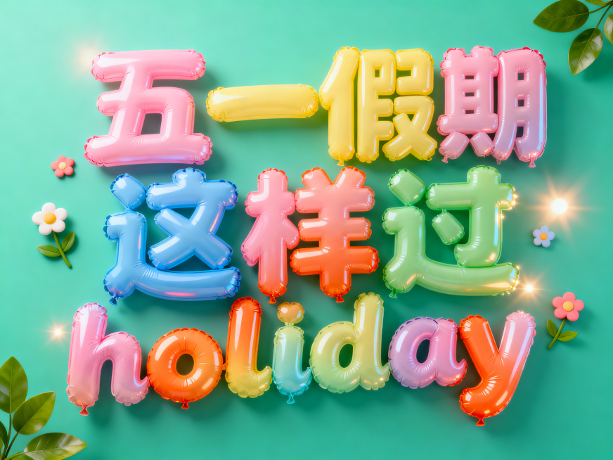 3D充气气球字体，文字内容为“五一假期这样过”和英文“holiday”，采用马卡龙粉、黄、蓝、绿、橙渐变配色，字体表面光滑反光，带有柔和高光，周围点缀可爱小花与绿叶装饰，纯青绿色背景，暖调柔光氛围，发预览效果