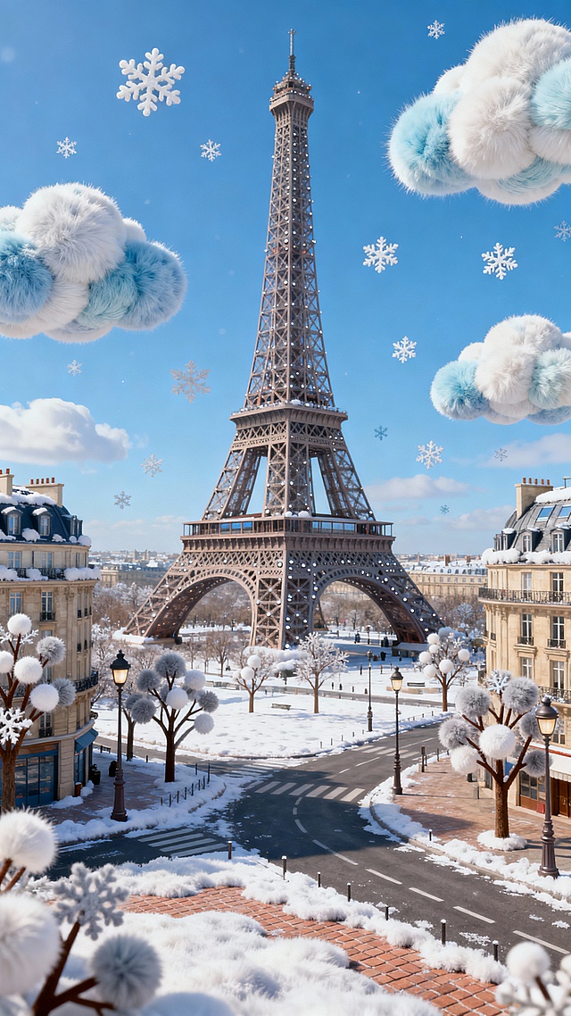 晴空万里的冬季法国巴黎埃街头，可以看到埃菲尔铁塔，鸟瞰视角的全景