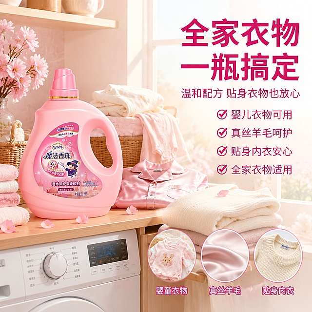 [主图-4] 家庭适用场景图 多种衣物适用展示 画中画版式。
[氛围风格] 温馨家庭生活风 粉色香氛氛围 真实生活场景 高级商业质感。
[画质] 商业摄影质感 生活气息浓郁 光线自然 产品清晰 超高清细节。
[元素] 主画面为温馨的家庭阳台洗衣区场景：白色洗衣机旁 粉色柔顺剂瓶放在木质洗衣台上 周围有折叠整齐的毛巾 婴儿衣物 真丝睡衣 羊毛衫等不同面料的衣物 粉色樱花花瓣散落 阳光从窗户洒入。画面右下角有三个圆形画中画小图 分别展示：婴儿衣物特写 真丝面料光泽 羊毛衫柔软质感 每个小图下方有名称标注。保持粉色柔顺剂瓶外观与输入产品图绝对一致。
[光影] 自然窗边日光 暖调柔和 场景光影真实 产品区域光线充足 画中画光影与主画面统一。
[配色] 主色调暖白 樱花粉 浅木色 辅助色金色 玫红 奶白。
[视角构图] 平视视角 场景化构图 产品在画面中左侧 右侧留白放文字 右下角三个圆形画中画 层次丰富。
[文字版式] 画面右上方右对齐排版。顶部大标题"全家衣物 一瓶搞定" 深玫红色大号粗体。副标题"温和配方 贴身衣物也放心" 深粉色中号字体。下方四行卖点 每行前有粉色对勾图标："婴儿衣物可用""真丝羊毛呵护""贴身内衣安心""全家衣物适用"。右下角三个画中画圆形图下方分别标注"婴童衣物""真丝羊毛""贴身内衣"。文字清晰可读 现代无衬线字体。
[输出要求] 1:1比例 文字清晰可辨 超高清商业摄影质感。
[负向提示词] 变形 文字错乱 产品模糊 背景杂乱 水印 电商平台Logo。