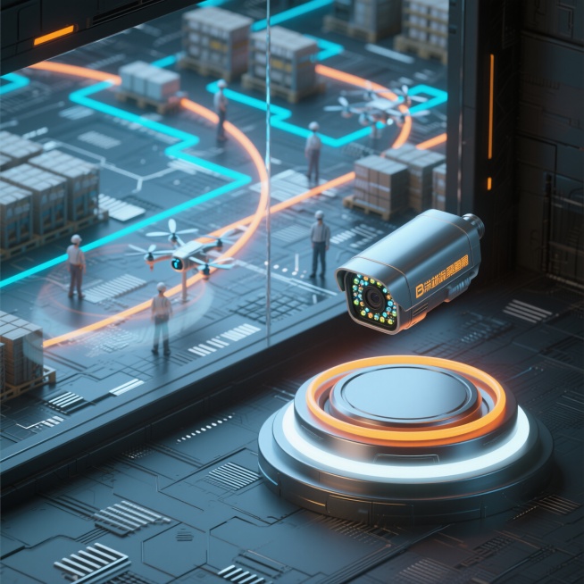 B端业务场景，全域物流调度中心3D渲染图，暗色调科技风，通透玻璃与哑光金属质感，画面右侧悬浮主体为一个发光的安防摄像机，表面有无数光电（仓库）和动态连接的弧线（运输路线），背景有微型无人机与工人在旁穿预览效果