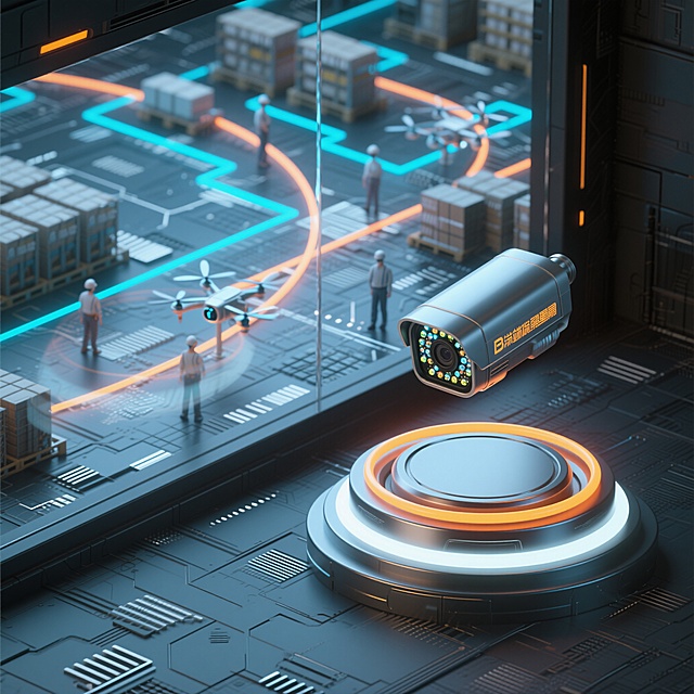 B端业务场景，全域物流调度中心3D渲染图，暗色调科技风，通透玻璃与哑光金属质感，画面右侧悬浮主体为一个发光的安防摄像机，表面有无数光电（仓库）和动态连接的弧线（运输路线），背景有微型无人机与工人在旁穿梭，透明的发光光带围绕安防摄像机。底座有两圈发光光圈，内层光圈用橙色、外层用银白色，呈现渐变光晕效果，背景为深灰磨砂电路板材质，布满冰蓝与银白交织的发光电路线条，整体色调以冷调为主，蓝橙、冰蓝、银白搭配深灰，强化金属冷峻质感与光线科技感，45度等距视角，OC渲染，C4D建模，工作室照明，高质量，8K分辨率