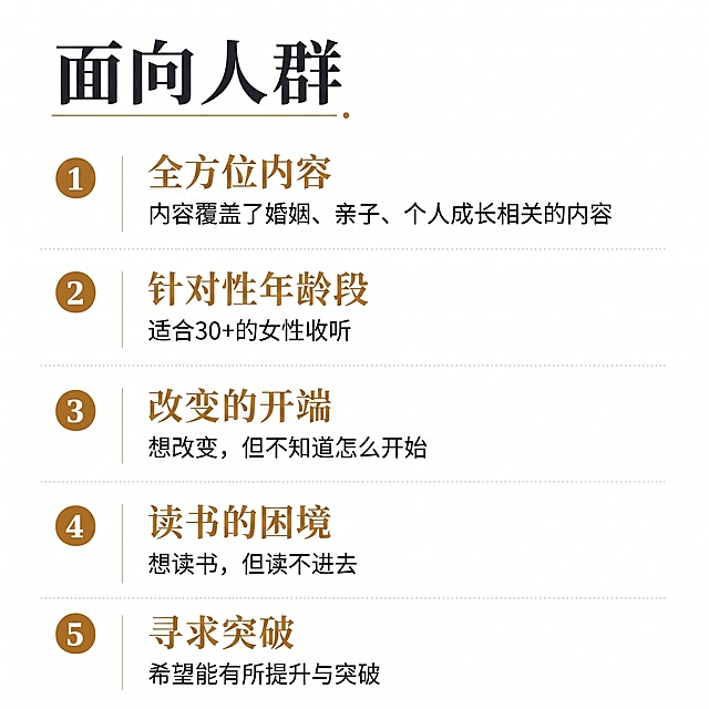 保持风格和排版逻辑不变，把文案改成：
面向人群
内容覆盖了婚姻、亲子、个人成长相关的内容
适合30+的女性收听
想改变，但不知道怎么开始
想读书，但读不进去