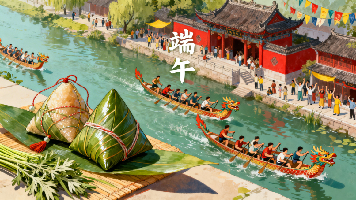 全景俯视视角，端午节热闹场景，江河岸边的古建筑旁，龙舟竞赛，划手们姿态各异奋力划桨。岸边摆放着粽子，粽叶脉络清晰有深浅变化，香囊丝线光泽紧密，艾草与菖蒲放置一旁，阴影自然。添加文字"端午"。中国风春日预览效果