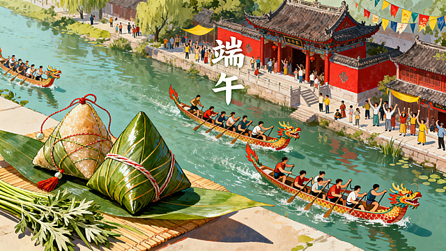 全景俯视视角，端午节热闹场景，江河岸边的古建筑旁，龙舟竞赛，划手们姿态各异奋力划桨。岸边摆放着粽子，粽叶脉络清晰有深浅变化，香囊丝线光泽紧密，艾草与菖蒲放置一旁，阴影自然。添加文字"端午"。中国风春日插画风格，色彩使用青绿、朱红、明黄等传统色，氛围热闹喜庆，人群欢呼，彩旗飘扬，祥和安宁。
