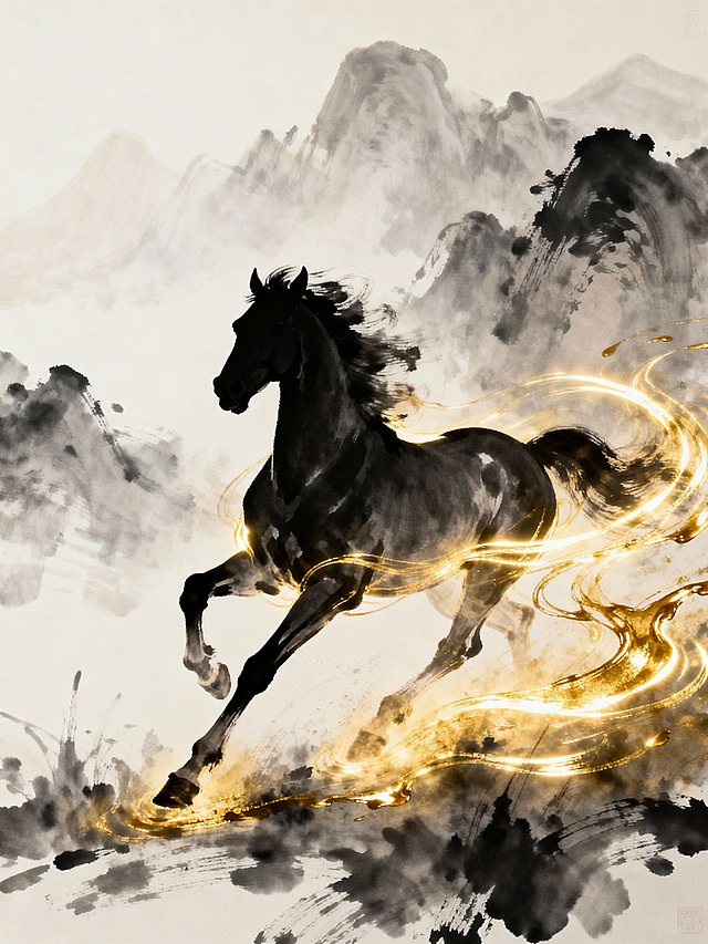 用动态模糊处理的奔马剪影搭配金色轨迹，背景可采用水墨山峦