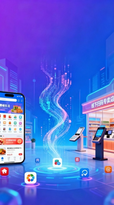 手机保持内容不变，将门店招牌修改为正确文字"线下扫码专卖店"，去除海报上所有其他文字，保留蓝紫色科技背景和整体构图预览效果