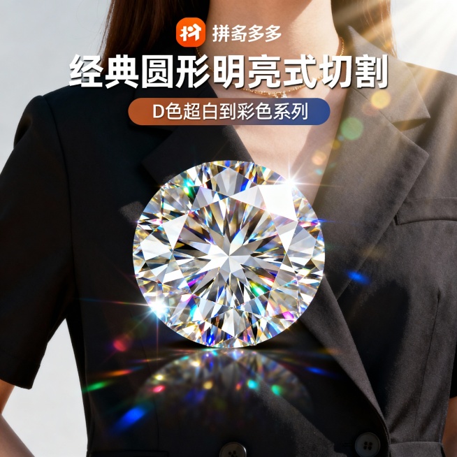 图片这款产品是莫桑石裸钻，我在拼多多卖这款产品，请以我提供的产品图片为主图主体设计20张相关的电商主图。
1.主图卖点： 火彩璀璨，闪耀夺目，在阳光下绽放七彩光芒，每一个角度都闪耀着迷人的光彩，让你成预览效果