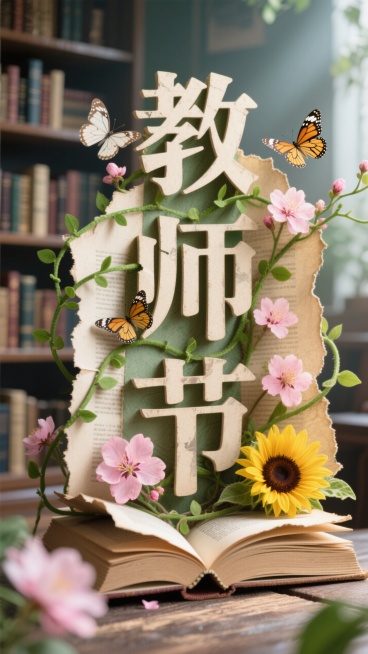 "教师节"文字，由折叠旧书页构成，剪纸质感。纸边生长出鲜活绿色藤蔓，桃花，向日葵，飞舞的蝴蝶。背景是朦胧的书架。预览效果