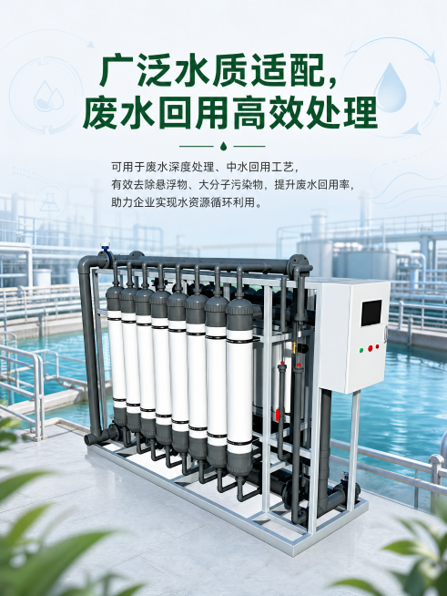 [第5屏] 广泛水质适配卖点收尾页，超滤设备UF。保持产品整体结构比例颜色与原输入图一致。
[氛围/风格] 绿色环保工业风，专业稳重，突出水资源循环理念。
[元素布局] 产品放置在画面下半部分，占据约预览效果