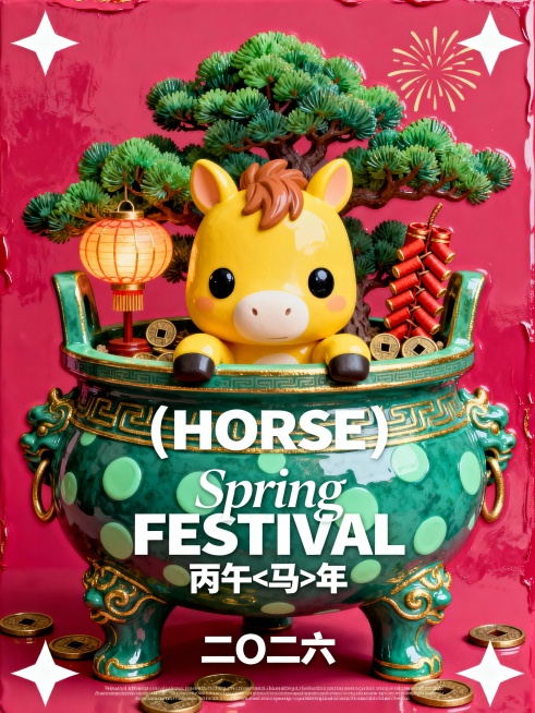 一个粉色的招财鼎中的新春场景（鼎侧面印有微小的黑色无衬线英文“(CHINESE) NEW YEAR”。场景的主角是一条探出头来的Q版黄色小马（拥有圆润的黑色眼睛，表情呆萌可爱）。小马身后簇拥着几棵风格预览效果