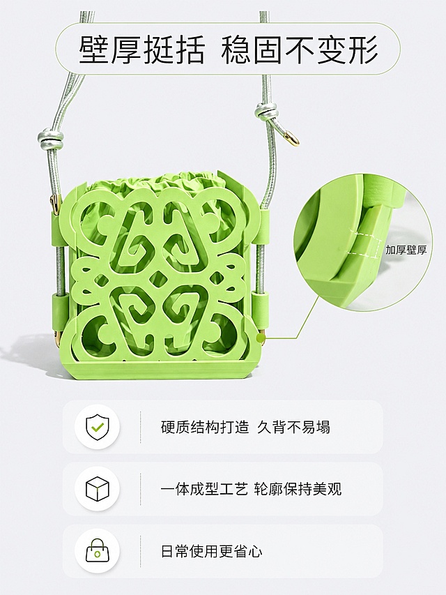 使用商品详情页技能根据商品图「图片1」生成详情页，参考图为，商品名称为糖果背包，卖点为壁厚挺括不变形，镂空边缘打磨光滑，不勾衣服、不划手。，适配平台为淘宝/天猫，图片比例为3:4，需求屏数为3张，再生成2张1:1的产品封面图