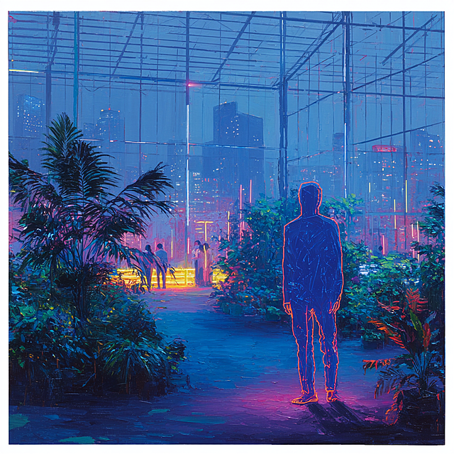 一幅布面油画，室外视角，明艳的荧光颜料厚涂，色彩颗粒，多巴胺色系，明亮的色调，美国画家马克·罗斯科（Mark Rothko)，这是一幅以蓝色为主色调，复杂的光影，细致的描绘，神秘感，配以霓虹红色点缀的人物轮廓的油画，一座钢架结构的玻璃温室里模糊的人影与高大的热带植物，室内明亮的粉紫色灯管与荧光绿、红、蓝、橘色、黄、粉红和白色的装饰小彩灯，远处是城市的高楼大厦霓虹闪烁，月亮、流星、星汉灿烂，磨砂玻璃，霓虹渐变，背景为电线图案，风格简约，线条简洁干净。马克·罗斯科（Mark Rothko)。