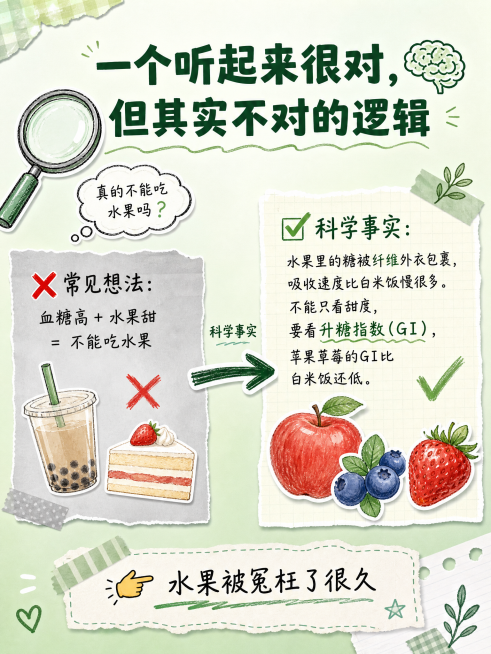 浅绿色渐变手帐背景，手绘拼贴风格。左侧有一个手绘放大镜，放大镜下方有一个思考气泡。画面分为左右两个对比区域。左侧区域背景偏灰，画着一杯奶茶和一块蛋糕，旁边有红色小叉。右侧区域背景明亮，画着苹果、蓝莓、预览效果