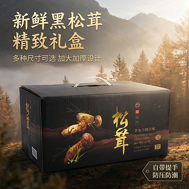 [主图 1] 新鲜黑松茸精致礼盒产品首图。[氛围/风格] 温馨山野抒情治愈风，山林清晨薄雾氛围感，自然柔和光线，商业摄影质感，光线柔和通透，产品清晰真实，画面干净高级。[元素/光影] 新鲜黑松茸精致礼盒居中展示，礼盒为黑色带有金色字体和松茸图案，自带提手设计完整呈现，背景是朦胧远山和浅棕色松林场景，自然暖阳斜射，营造松茸原产地山野自然氛围。保持产品外观（物理结构、材质质感、颜色）与输入产品图绝对一致，杜绝任何变形和色差，精细化处理。商品主体占比严格控制在 60%-80% 之间，画面满屏无边框。[配色色系] 主色调为深黑、墨绿，辅助色为烫金、原木棕、远山雾灰，温暖自然色彩。[视角构图] 平视四分之三视角，景深适中，轮廓完整不裁切。[文字版式] 左上负空间左对齐留安全边距，主标题 "新鲜黑松茸 精致礼盒"，金色最大号粗体书法字体；副标题 "多种尺寸可选 加大加厚设计"，约半高，浅金色；右下小标签 "自带提手 防压防潮"，深底烫金字，留内边距。[比例分辨率] 1:1 比例，2k 分辨率；文字清晰锐利，画面超高清。[负向提示词] 变形，水印，文字错乱，产品图模糊，背景杂乱，牛皮癣，配色刺眼，遮挡主体