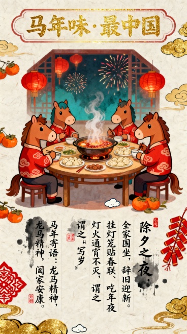 核心主题: 一张名为“马年味·最中国”的马年新春系列科普海报。画面采用经典新中式画卷构图，上半部分为生动精致的年俗插画，下半部分为文化科普文字区域。

插画内容: 画面中央是一匹Q版拟人化的骏马，身穿预览效果