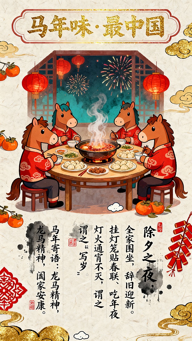 插画风融合国潮与拟人元素，四匹马围坐年夜饭，红火喜庆，水墨点缀，鎏金细节烘托节日氛围，传递温馨趣味的春节团圆场景。重点是可以做一系列年味科普海报