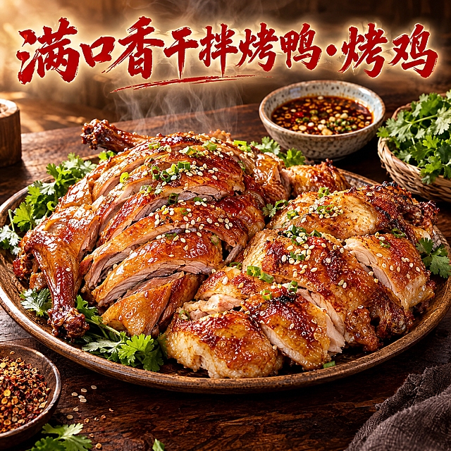 写实美食摄影风格的店铺头像，画面中央是一盘诱人的干拌烤鸭和烤鸡，鸭肉色泽金黄油亮，皮脆肉嫩，烤鸡表皮焦香酥脆，撒上芝麻和葱花点缀，旁边配有干拌酱料和香菜，食物热气腾腾有食欲感，背景是温暖的深棕色木质桌面，柔和的侧光打在食物上，高光质感诱人，画面上方有店名文字'满口香干拌烤鸭·烤鸡'，字体为书法风格的红色艺术字，整体画面饱满有食欲，无圆形边框，正方形构图，超高清画质，美食摄影大片质感
