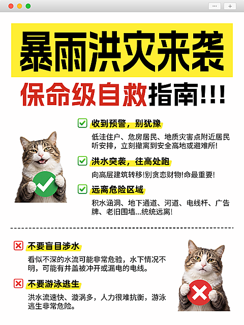 台风暴雨洪灾预警自救宣传科普对错表情包对比生活服务小红书封面