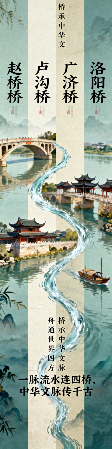 将四张竖版古桥海报从左到右水平并列拼接：第一张最左赵州桥、第二张卢沟桥、第三张广济桥、第四张最右洛阳桥，流水从第一张最左上起始，斜向右下依次贯穿四张竖条，最终到第四张的最右下，形成一条完整连贯的大对角预览效果