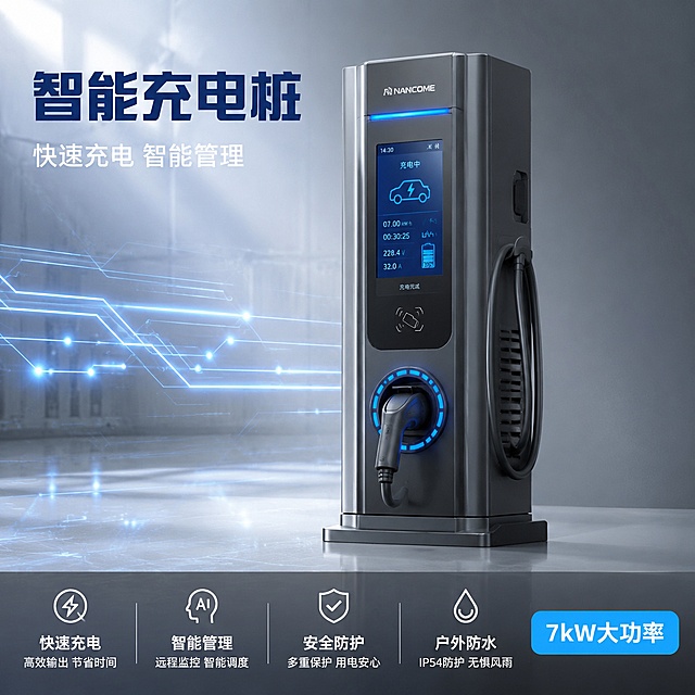 [主图-1] 智能充电桩科技感首图
[氛围风格] 冷灰科技工业风 专业品质感
[画质] 商业摄影质感 光线通透 产品清晰真实 画面干净高级
[元素] 智能充电桩主体居中偏右 立式长方体造型 深灰金属外壳 正面带蓝色LED显示屏和充电接口 顶部有品牌标识区域 产品占画面约65%。背景为浅灰色渐变科技感场景 左侧有淡蓝色电路线条和光效装饰 底部有微弱反光地面。左上角放置主标题区域 右下角有参数角标。整体满版无边框构图。智能充电桩外观结构清晰 金属外壳有细腻拉丝质感 显示屏发光效果真实 接口处有蓝色光晕。
[光影] 主光从左上方45度照射 产品正面受光均匀 右侧形成自然明暗过渡 金属外壳有清晰高光边缘 底部有柔和投影 整体光线偏冷色调 科技感十足
[配色] 主色调深灰与科技蓝 辅助色浅灰与白色光效
[视角构图] 正面微仰视视角 产品为视觉中心 景深中等 背景轻微虚化突出主体
[文字版式] 左上区域左对齐排版 主标题大字"智能充电桩" 深蓝色粗体无衬线字体 下方副标题"快速充电 智能管理" 白色中号字体。底部通栏半透明深色蒙层 均分四个卖点 从左到右 "快速充电" "智能管理" "安全防护" "户外防水" 每个卖点上方配小图标 下方白色小字说明。右下角蓝色圆角标签 "7kW大功率" 白字。
[输出要求] 1:1比例 文字清晰可辨 超高清商业摄影质感
[负向提示词] 变形 文字错乱 产品模糊 背景杂乱 水印 电商平台Logo 多余的手 畸形手