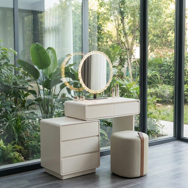 移除图片中所有多余文字和杂物，更改背景为带有落地玻璃窗，窗外有绿色植物的房间，保持梳妆台主体不变，生成1:1比例的图片预览效果