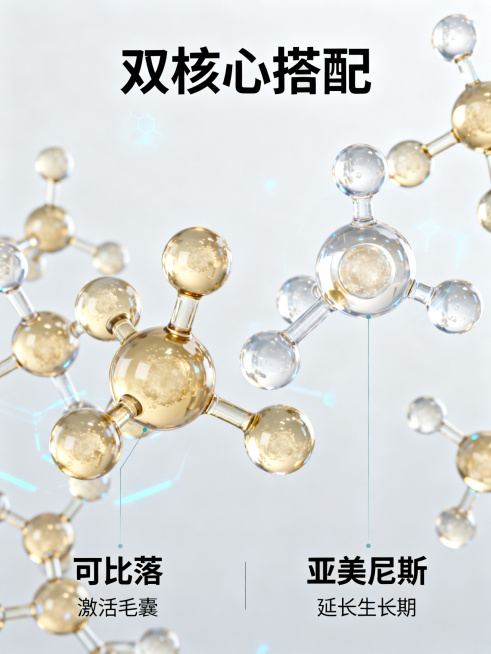 [主图 2] 核心成分解析，实验室科研风格，纯净科技感氛围；超写实商业渲染质感，画面干净高级；全屏展示3D微观分子结构场景，可比落和亚美尼斯双核心分子错落悬浮排布，用纤细浅色引线标注两个核心分子，分别预览效果