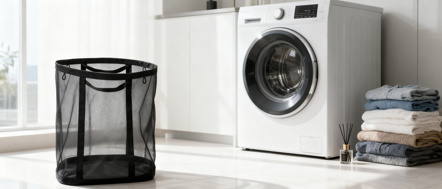 黑色网纱脏衣篮放在画面最左侧，背景为现代简约风洗衣房场景，右侧有滚筒洗衣机、叠放的衣物和香薰，光线明亮通透，突出脏衣篮透气大容量的特点预览效果