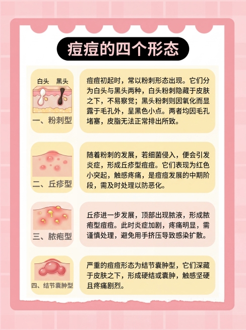 参考原图的医疗科普海报风格，替换内容为痘痘的四个形态科普，标题是痘痘的四个形态，内容保留：粉刺型：痘痘初起时，常以粉刺形态出现。它们分为白头与黑头两种，白头粉刺隐藏于皮肤之下，不易察觉;黑头粉刺则因氧预览效果