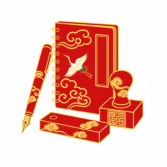 国风办公用品icon图标，与参考图同风格：扁平化矢量风格，正红色为主色调搭配金色描边和祥云纹样，办公用品组合（如钢笔、笔记本、印章），带有中国传统祥云纹样装饰，精致细腻，高辨识度，纯白背景