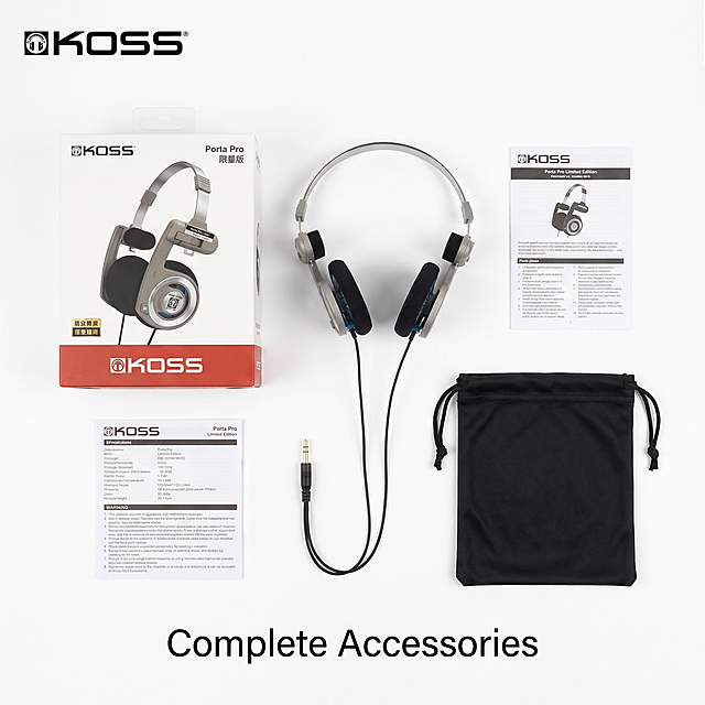 [Main Image 7] Full package accessories display, neatly arrange all accessories of KOSS Porta Pro headphones. Ensure the product appearance is consistent with the original image. [Atmosphere style] Neat knolling layout, complete display. [Image quality] Clear flat shooting, all accessories are clearly visible. [Elements] Place the headphone main unit in the center, surrounded by packaging box, instruction manual, storage bag, the arrangement is neat and beautiful, all accessories are completely displayed, no occlusion. The background is pure white, which highlights all the items. The KOSS logo is retained in the upper left corner. [Light and shadow] Even soft overhead light, no obvious large shadow, the outline of each item is clear. [Color matching] White background, all items are naturally colored, clean and tidy. [Perspective composition] Overhead flat perspective, all items are evenly distributed, the composition is balanced. [Text layout] "Complete Accessories" text description placed at the bottom, simple and clear. [Proportion resolution] 1:1 proportion, 2k resolution; [Negative prompt] Deformation, watermark, text disorder, product picture blurred, messy background, Chinese characters.