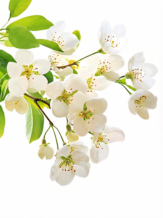 去除图片中所有的花瓣水印，保留原有的白色梨花和绿色枝叶内容，保持原图风格不变，生成干净无水印的图像