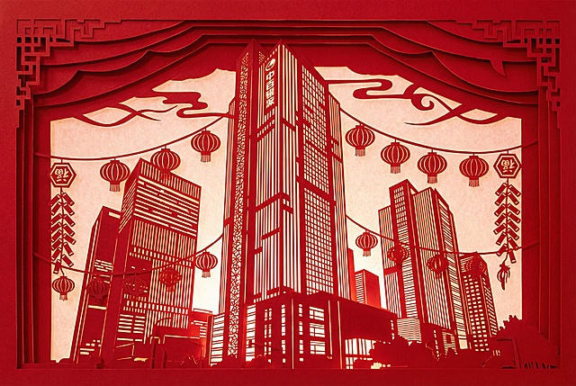 将图片中的大楼转换为中国剪纸风格，以红色为主色调，添加少量春节灯笼、鞭炮元素营造喜庆氛围