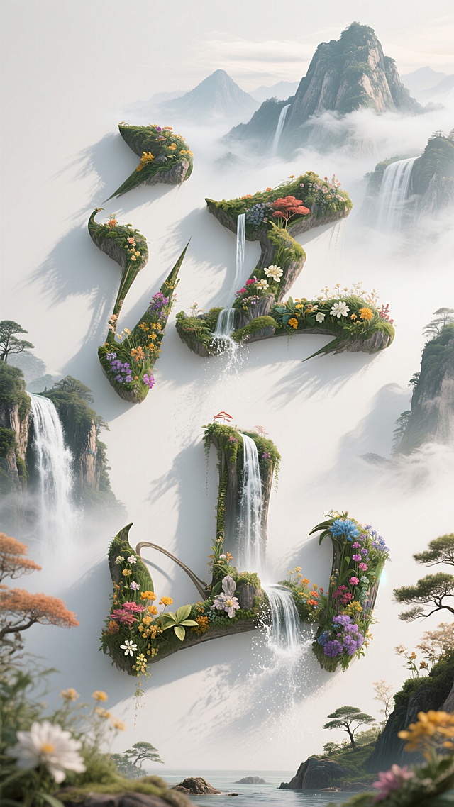 3D国潮风格，由山水瀑布花草组成的“江山”字，大面积留白