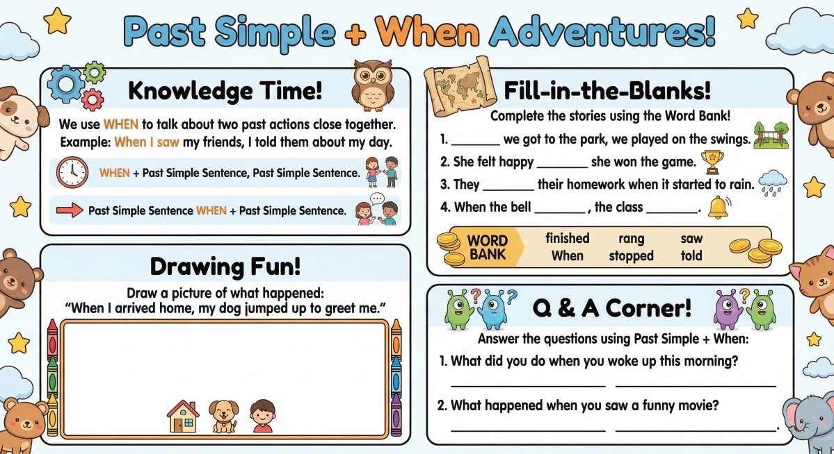 Create a children's English interactive exercise poster for lower primary school based on the Past s预览效果